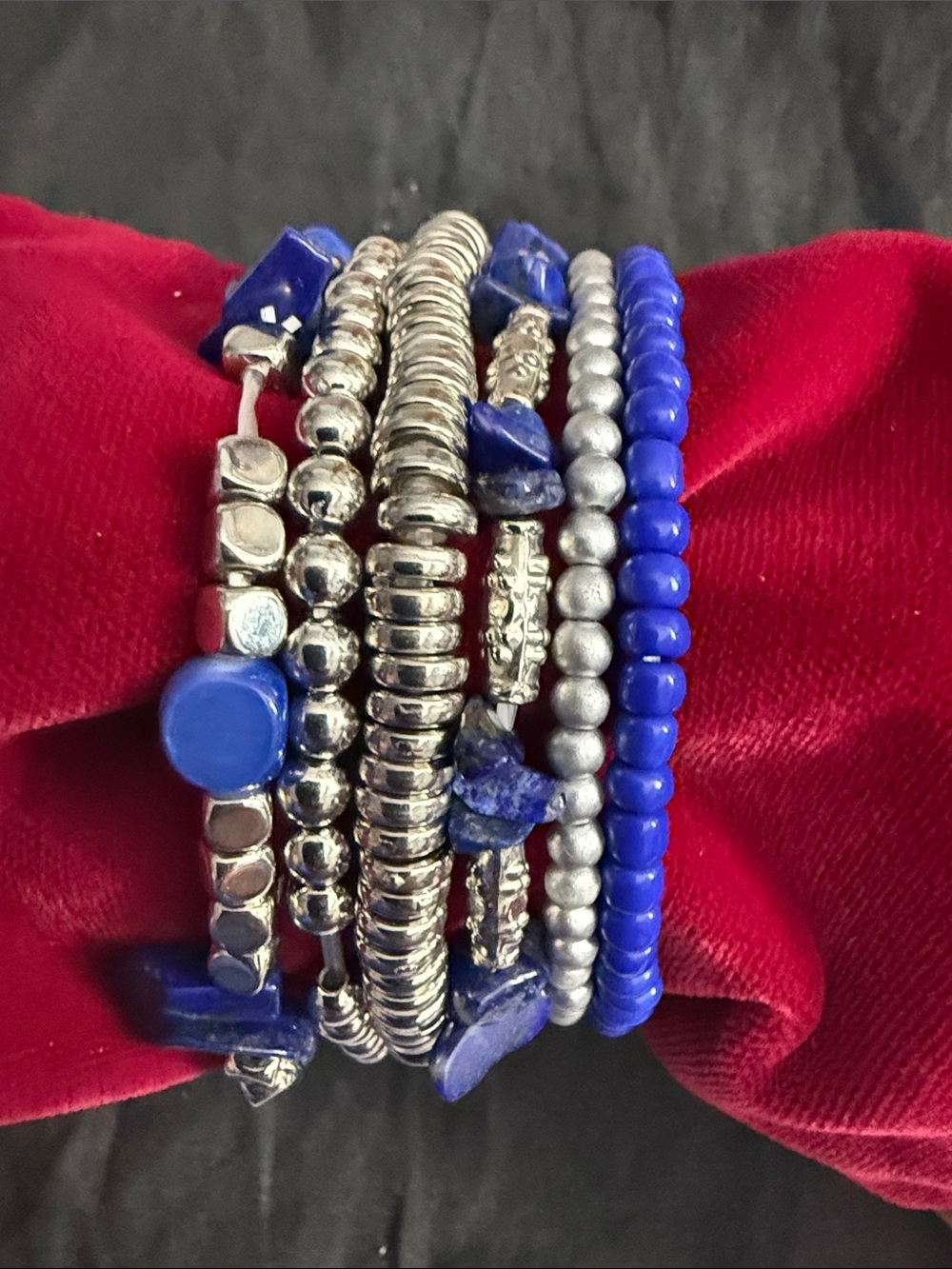 (6) Blue and Silver Stackable Beaded Bracelet Set